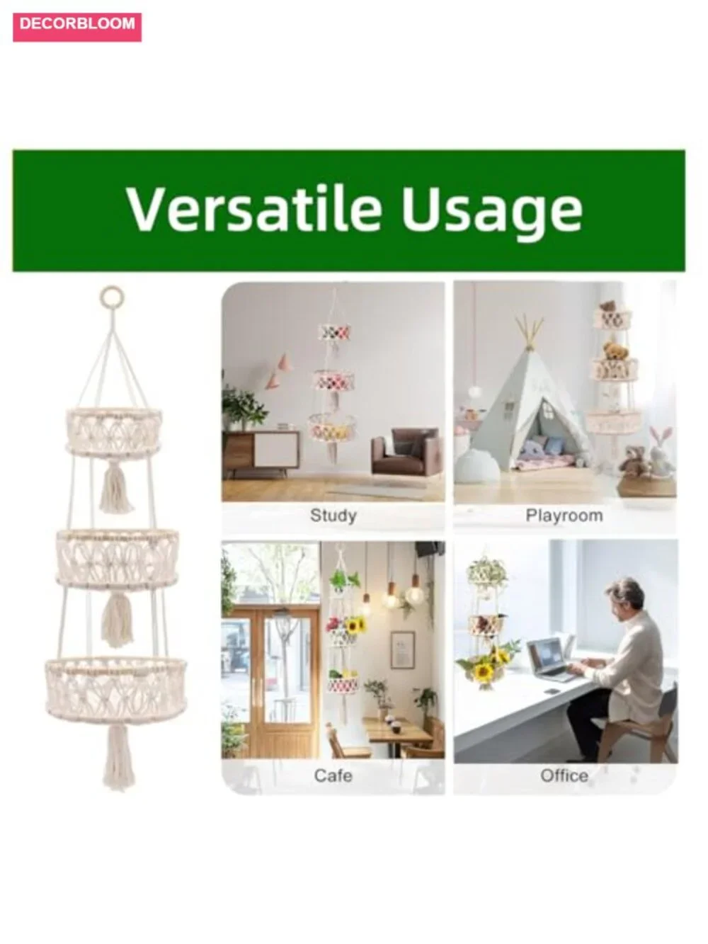 3-Tier Macrame Hanging Basket - Cotton Rope Fruit & Vegetable Storage Kitchen